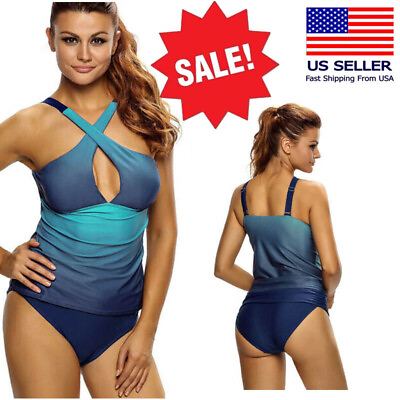 2PC Blue Ombre Solid X Cross Yoga Sport Tankini Bra Top Bikini Swimsuit S 3XL US $4.35