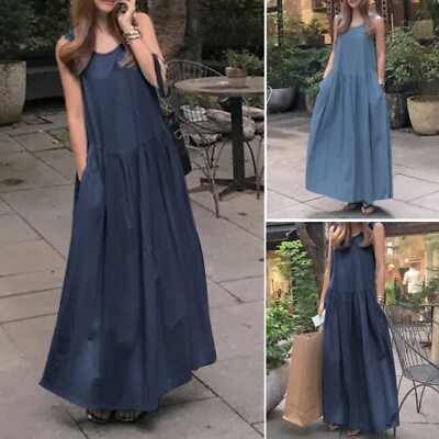 Ladies Vest Dress Sundress Plus Size Women#x27;s Casual Blue Sleeveless Denim Dress $26.33