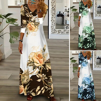 #ad Womens V Neck Long Sleeve Maxi Dress Ladies Elegant Floral Printed Party Dress ` $20.99