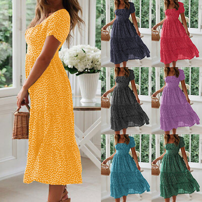 #ad Womens Boho Frill Short Sleeve Floral Midi Dress Summer Holiday Sundress Size $5.14