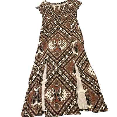 #ad Cato Est 1946 BOHO Maxi Dress Large Petite LP Women Brown Multi Print Smocked $29.00