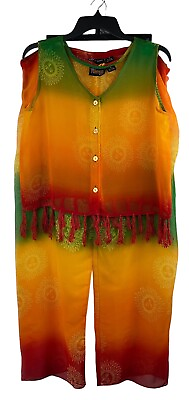 #ad Indian tropical Fashion 2 Piece Swimsuit Coverup Top Pant Size Medium *FLAW* $31.97