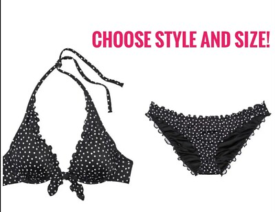 #ad Victorias Secret Swim Bikini Capri Ruffle Halter Back Black Polka Dot Choose One $17.49