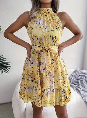 #ad New Women’s Floral Print Halter Neck Sleeveless Summer Dress Medium $26.95