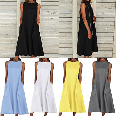 Tank Dress A Line Midi Dress Sundress Summer Plus Size Sleeveless Women Loose $18.53