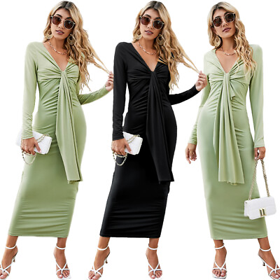 #ad Fashion Women V neck Pleated Long Sleeve Maxi Dress Pencil Bodycon Party Gown $29.33