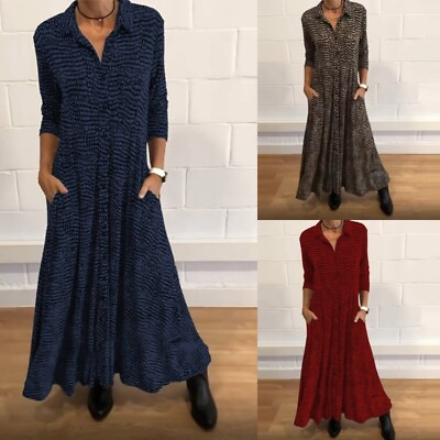 #ad Ladies Floral Long Dress Sleeve Maxi Dresses Women Loose V Neck Party Casual $35.27