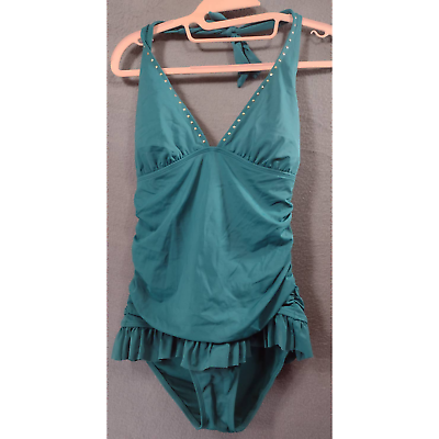 #ad Women#x27;s Green Ruffle Skirt Cinched One Piece Swim Suit Size Medium $9.09