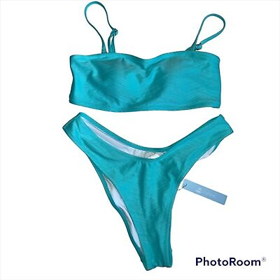 #ad Cupshe Size Small Bikini Aqua Light Blue Convertible Cheeky High Leg Padded $7.00