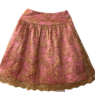 #ad Trina Turk Skirt Womans Size 4 Aline Pink with Gold Lace Overlay Holiday Barbie $29.94