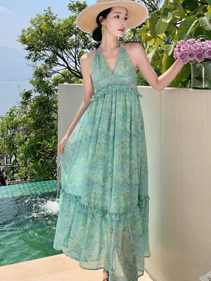 #ad Maxi Bohemian Dresses Woman Summer Green Sundress Long Beach Printed Boho Dress $60.97