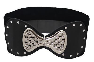 Women Wide Black Elastic Fashion Junior Party Belt Silver Bow Tie Buckle Fit S M $16.99