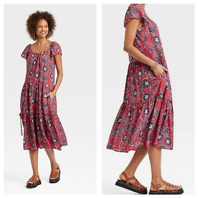 NEW KNOX ROSE Womens Red Navy Floral Maxi Dress Sz XXL 100% Rayon Side Pockets $32.79