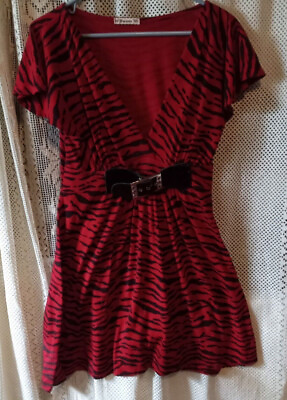 Ladies Forever Dress Size Large Red with Black Tiger stripes Belted amp; Low Cut $8.70