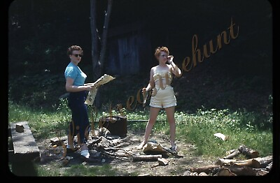 #ad Pretty Women Camping Fashion 35mm Slide 1950s Red Border Kodachrome $17.99