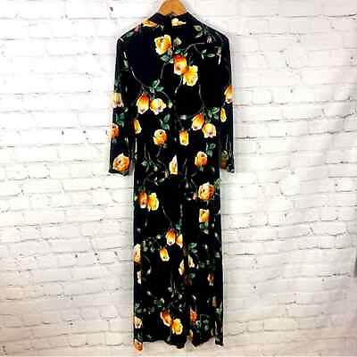 #ad Vintage women’s floral maxi dress black high neck hand made hand stitched $39.00