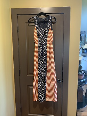 #ad Womens Small Maxi Dress Elastic Waistband Gorgeous Colors Of Blue Burnt Orange $10.00