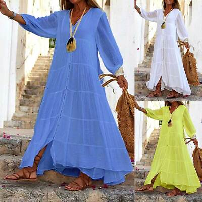 Womens Cotton Linen Boho Maxi Dress Ladies Long Sleeve Loose Smock Sundress US $9.99