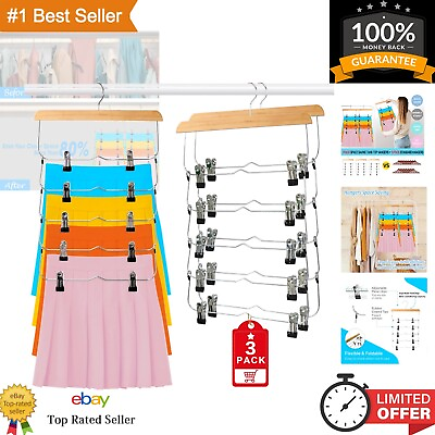 #ad Wooden Skirt Hangers with Clips Space Saving Non Slip 5 Tier Pants Hangers $16.33