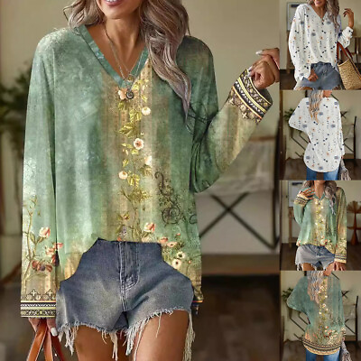 #ad Women Boho Floral Tunic Tops Ladies Long Sleeve Loose Casual T Shirt Blouse US $20.19