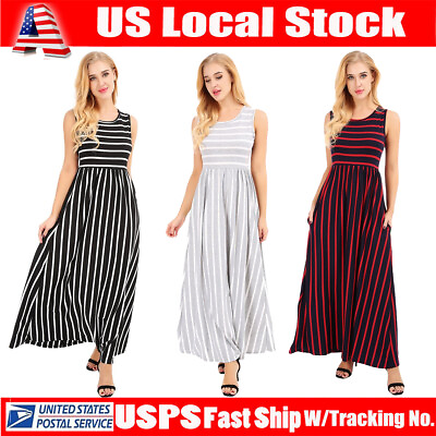 Women Summer Casual Long Maxi Dress Loose Beach Party Sleeveless Sun Dresses USA $9.69