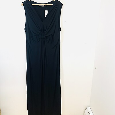 Avenue Long Maxi Dress 18 20 Stretch Knit Black Gathered Knotted Sleeveless NEW $27.99