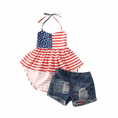 #ad Kids Clothes Denim Shorts Independence Day Summer Girl Sets Striped USA Halter $34.44