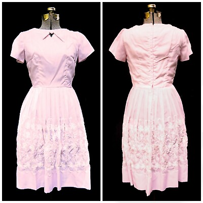 VTG 60s Petal Pink Pleated Cotton Dress Party Prom SM Floral Embroidery amp; Tulle $89.99