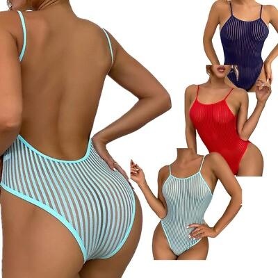 Women High Cut One Piece Swimsuits See Through Mesh Bodysuit Backless Leotards $9.07