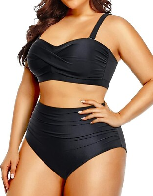 #ad Yonique Women Plus Size Two Piece Swimsuits High Waisted Bathing Large L Black $20.00