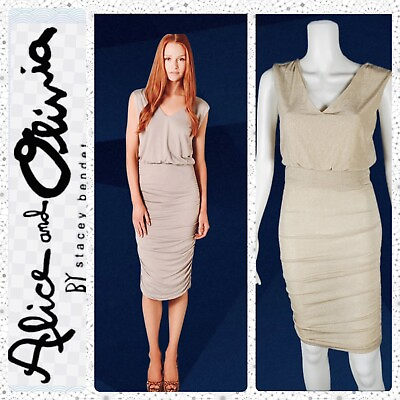 #ad Alice Olivia Dress Slinky Ruched Sleeveless Gold Sparkle Cocktail Dress MIDI $68.00