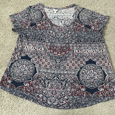 #ad Lucky Brand Top Womens 1X Navy Blue Red Floral Print Boho Short Sleeve Cotton $8.00