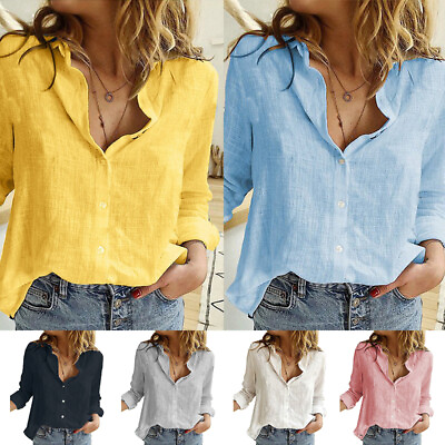Womens Linen Cotton Shirt Button Up Tops Long Sleeve Casual Loose Blouse Casual $12.28