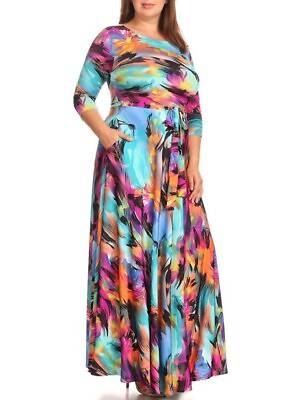 #ad Plus Size Boho Belted Flared Maxi Dress 1X Blue Fuchsia Pink Abstract Art Print $39.95
