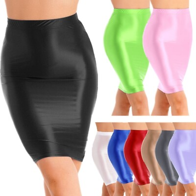 Women Glossy Shiny High Waist Skirt Stretchy Party Tight Bodycon Pencil Skirts $4.74