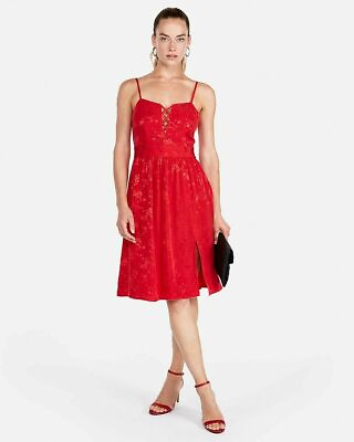 #ad NWT Express Red Brocade Floral Lace Up Front Slit Dress sizes XSSML B226 $36.99