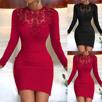 Women Lace Floral Bodycon Ladies Long Sleeve Evening Cocktail Party Mini Dress A $21.54
