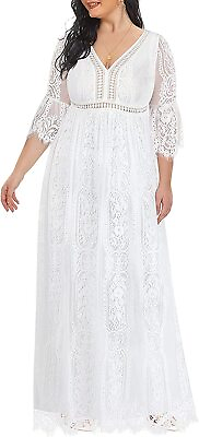 #ad Women#x27;s Plus Size Boho Maxi Floral Lace Bohemian Wedding Dress V Neck Flowy Long $152.23