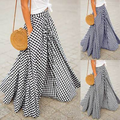 Women Plaid Cotton Skirt Long Maxi Embroidered Gypsy Dress Loose A Line Skirt $24.09