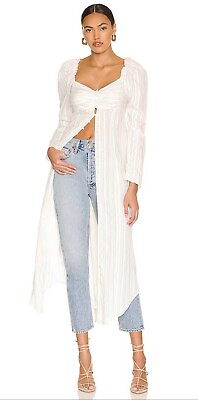 Free People Luna Maxi Top Dress Button Front Tie Back Smocked White Sz Large $68.25
