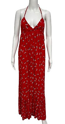 #ad Billabong Women#x27;s Sleeveless Bright Red Floral V Neck Maxi Dress Size S $36.00