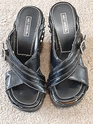 #ad Harley Davidson Black Studded Wedge Sandals Size 6M USA PRE OWNED READ $20.00