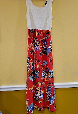 #ad INDULGE juniors summer maxi dress size medium lace and floral beige amp; orang $22.00