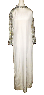 #ad Vintage Womens Evening Gown Dress Long Maxi Ivory Bead Long Sl Modest Party M $34.95