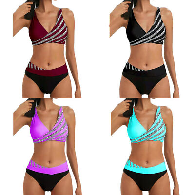 #ad Damen Bikini Set fashion Strandkleidung Sommer Gepolstert Gestreift Badeanzug $15.65