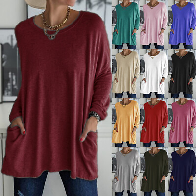 Womens Long Sleeve Solid Tunic T Shirt Casual Pocket Crewneck Plus Size Tee Tops $17.66