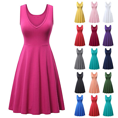 #ad Women Summer Slim Sleeveless Dress V Neck A Line Flare Casual Beach Sun Dresses $16.25