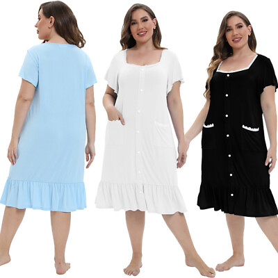 Summer Plus Size Lady Short Sleeve Sleepdress Ruffled Button Down Nightgown $15.99