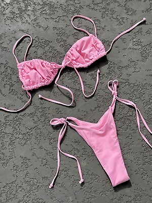 #ad Women’s Swimwear Pink Thong Bikini Set Swimsuit High Waist S M Beach Triangle $29.50