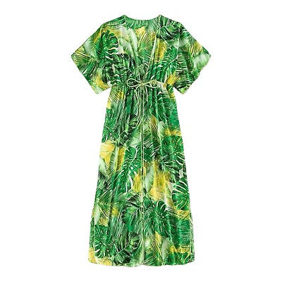 #ad Sheer Swimsuit Cover Tie Cardigan Sz L Long Tropical Beach Kimono Green White $12.99